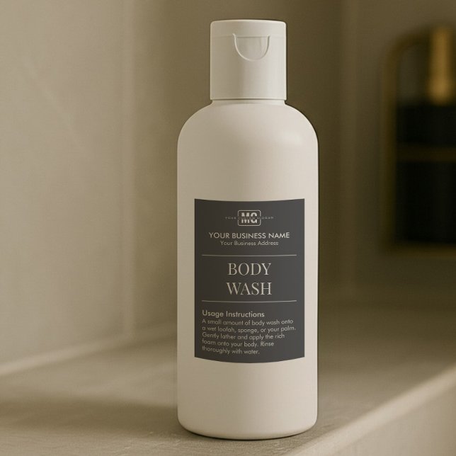 Modern Black Guest Room Body Wash Monogram Labels (Creator Uploaded)