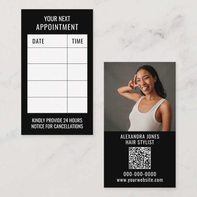 Modern Black Hair Stylist Client Reminder Appointment Card (Front/Back)