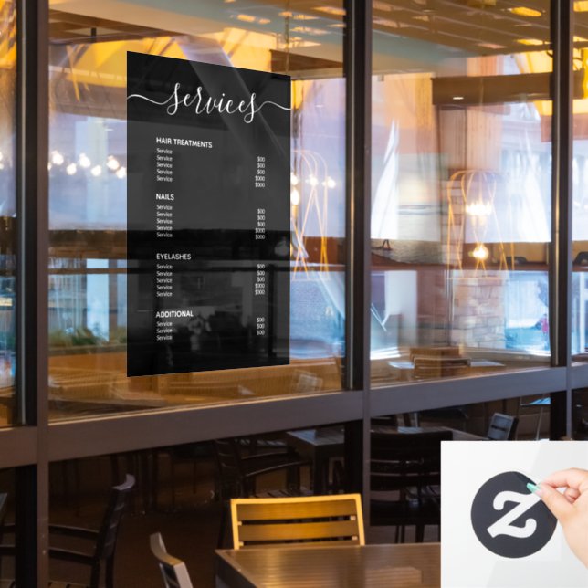 Modern Black Hair Stylist Price List Service Menu (Restaurant Window)