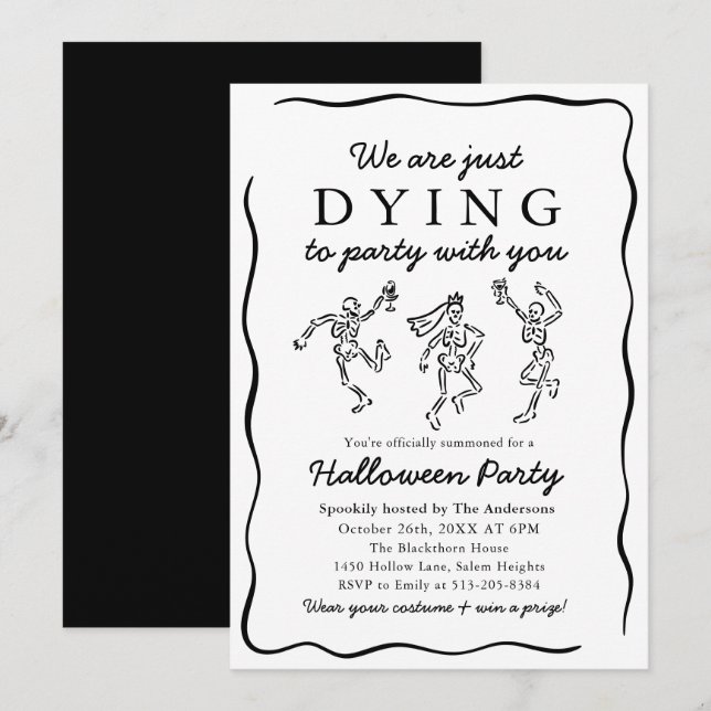 Modern Black Hand Drawn Skeletons Halloween Party Invitation (Front/Back)