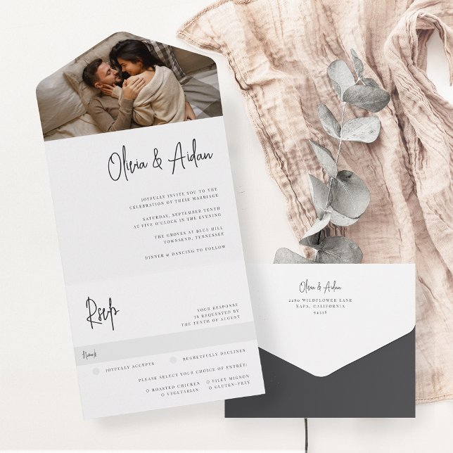 Modern Black Handwritten Script Photo Wedding All In One Invitation (Creator Uploaded)