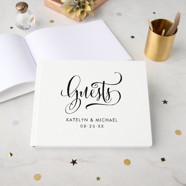 Modern Black Handwritten Script Wedding Monogram Guest Book (Front Open)
