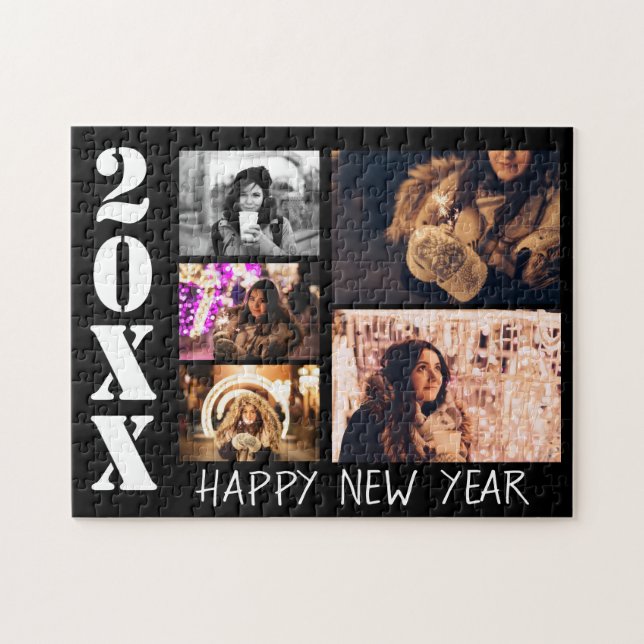 Modern Black Happy New Year 5 Photo Collage Jigsaw Puzzle (Horizontal)