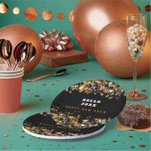 Modern Black Happy New Year Gold Glitter Sparkling Paper Plate