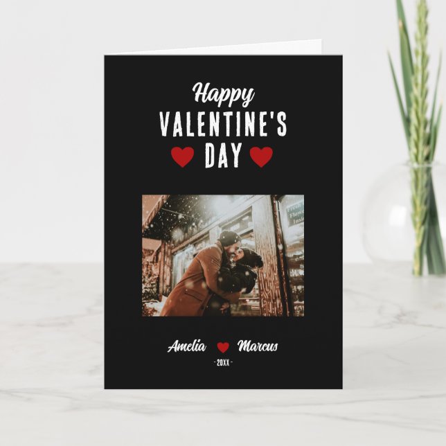 Modern Black Happy Valentine's Day Photo  Holiday Card (Front)