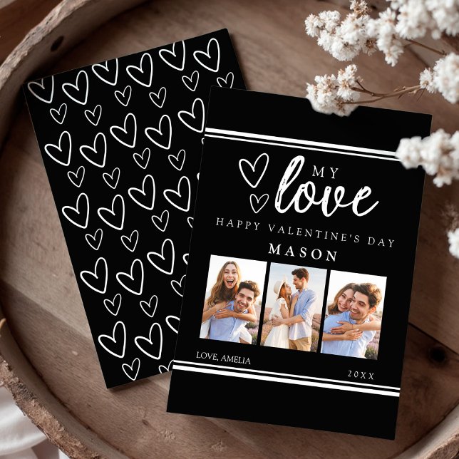 Modern Black Happy Valentine's Photo Collage Card (Modern Black and White Hand Drawn Hearts Photo Collage Happy Valentine's Day Card)