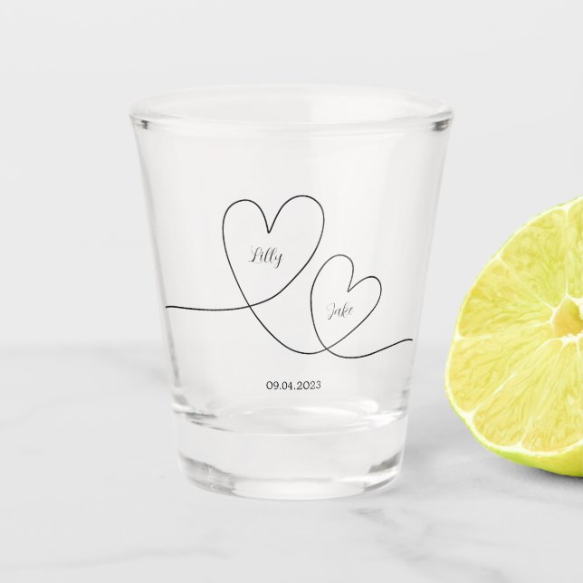 Modern Black Heart Calligraphy Script Wedding Shot Glass (Front)