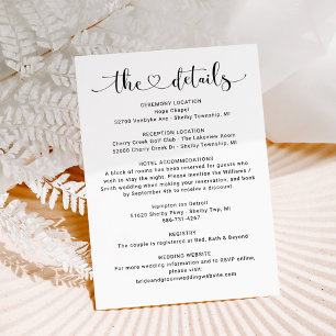 Modern Black Heart Script Wedding Details Enclosure Card
