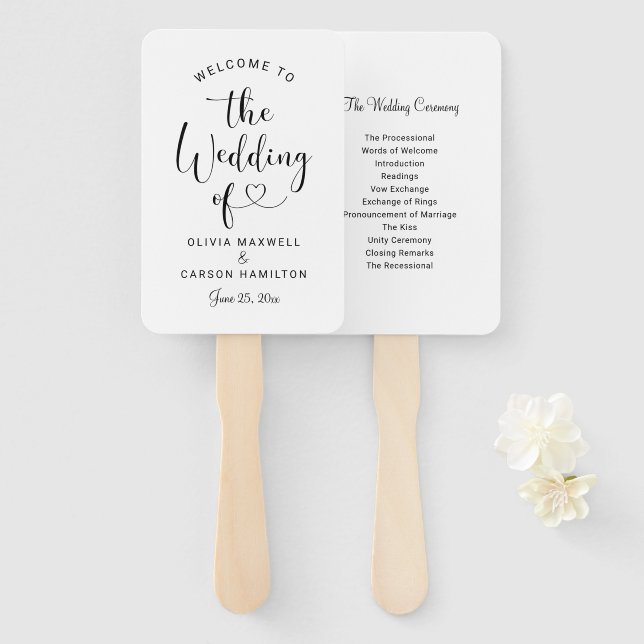 Modern Black Heart Script Wedding Welcome Ceremony Hand Fan (Front and Back)