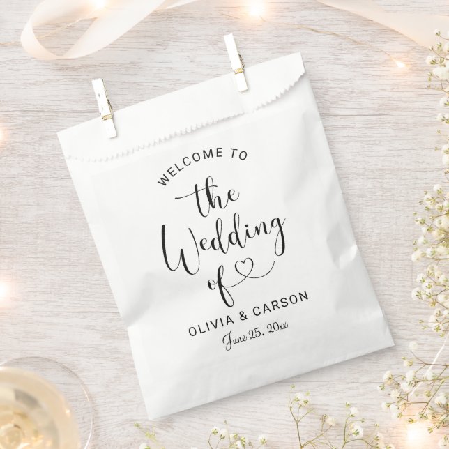Modern Black Heart Script Wedding Welcome Favour Bag (Clipped)