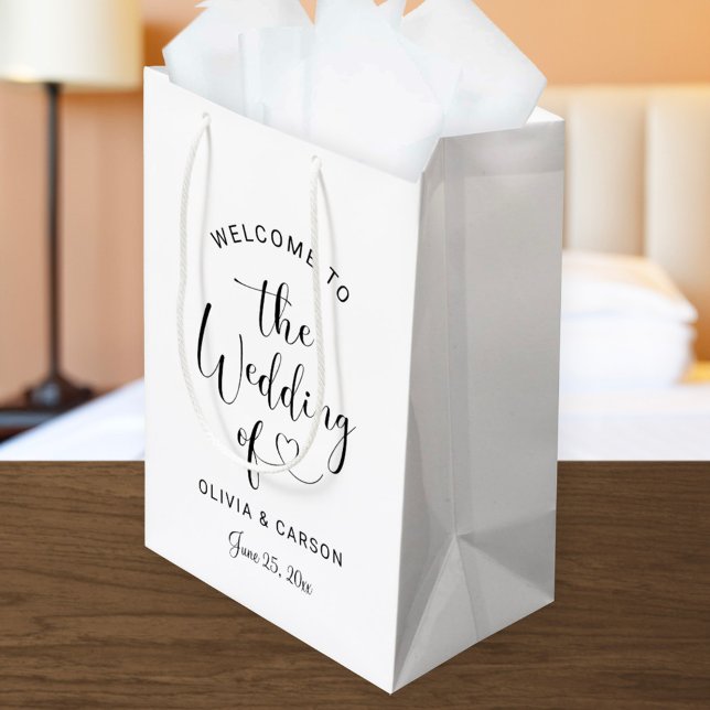 Modern Black Heart Script Welcome Wedding Medium Gift Bag (Creator Uploaded)