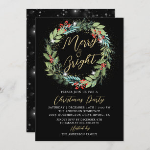 Modern Black Holly Berries Wreath Christmas Party Invitation