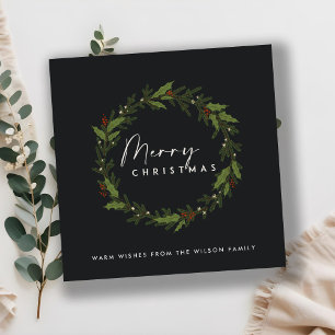 MODERN BLACK HOLLY BERRY WREATH MERRY CHRISTMAS HOLIDAY CARD