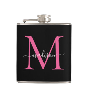 Modern Black Hot Pink Magenta Monogram Script Name Hip Flask