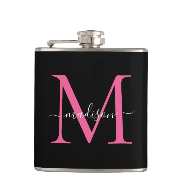 Modern Black Hot Pink Magenta Monogram Script Name Hip Flask (Front)