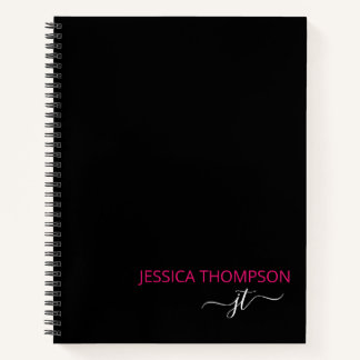 Modern Black Hot Pink Simple Script Monogram Name Notebook