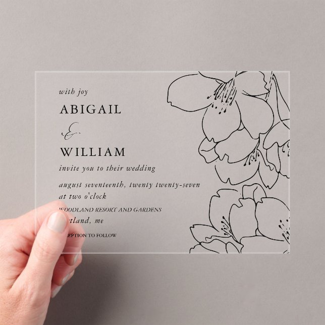 Modern Black Illustrated Floral Wedding Acrylic Invitations (Insitu (Handheld))