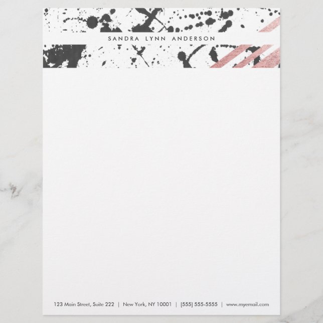 Modern Black Ink Splatter Rose Gold Stripes Custom Letterhead (Front)