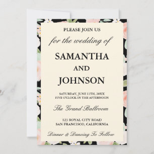 Modern Black Ivory Floral Monogram Photo Wedding Invitation