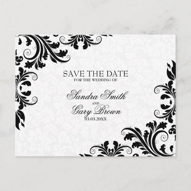 Modern Black Lace White Damask Announcement Postcard (Front)