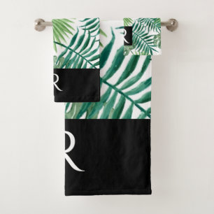 Modern Black Leaf Pattern Monogram Bathroom Towel