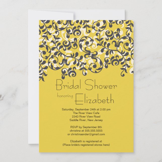 Modern Black Leaf Scroll Bridal Shower Invitation (Front)