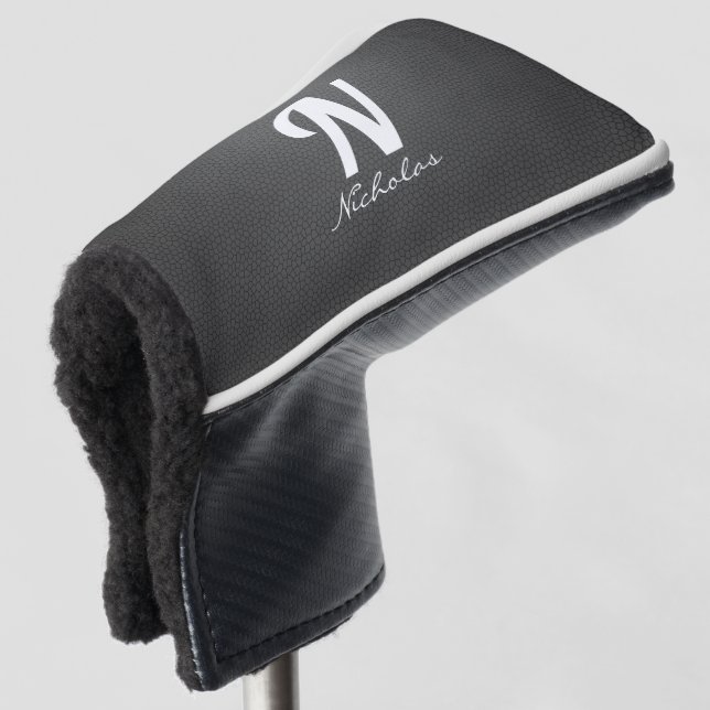 Modern Black Leather Texture White Monogram Name Golf Head Cover (3/4 Front)