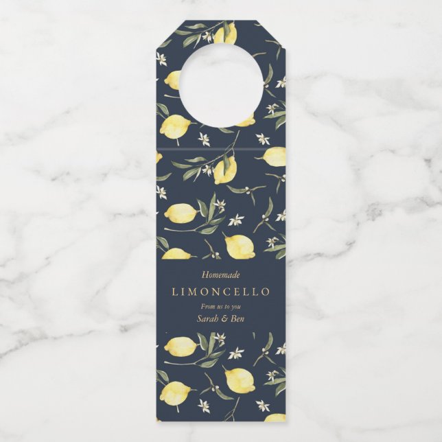 Modern Black Lemons Limoncello Event Wedding  Bottle Tag (Front)