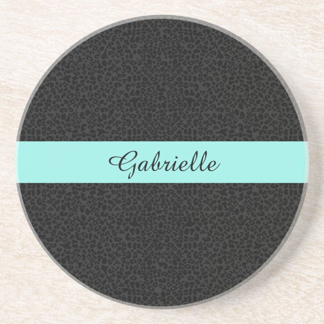 Modern Black Leopard Print Aqua Stripe With Name Coaster (Front)