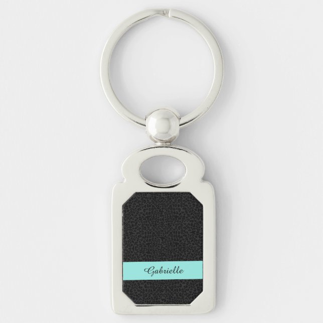 Modern Black Leopard Print Aqua Stripe With Name Key Ring (Front)