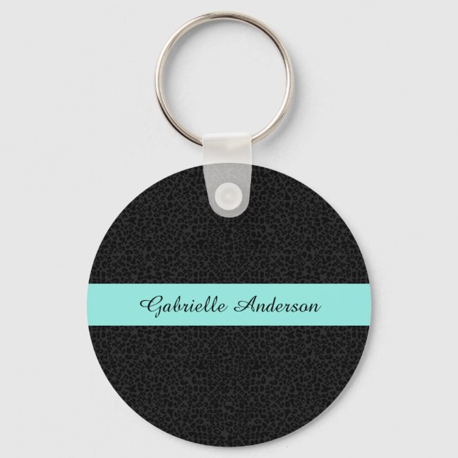 Modern Black Leopard Print Aqua Stripe With Name Key Ring (Front)