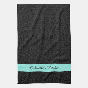 Modern Black Leopard Print Aqua Stripe With Name Tea Towel