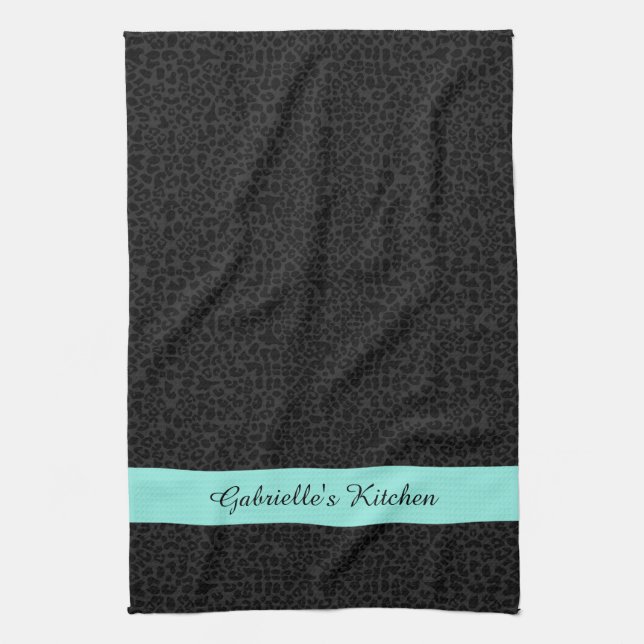 Modern Black Leopard Print Aqua Stripe With Name Tea Towel (Vertical)