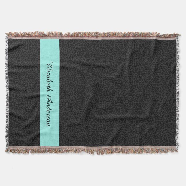 Modern Black Leopard Print Aqua Stripe With Name Throw Blanket (Front)