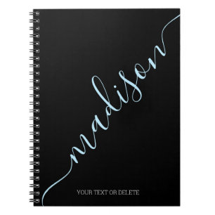 Modern Black Light Blue Name Monogram Initial Notebook