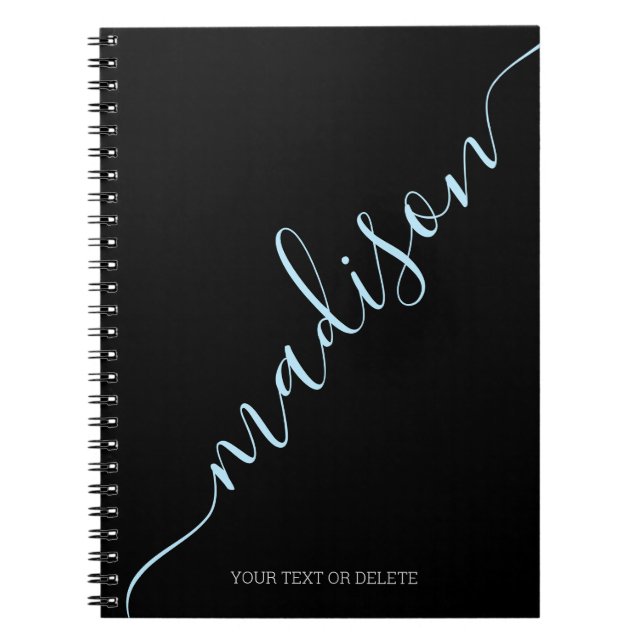 Modern Black Light Blue Name Monogram Initial Notebook (Front)