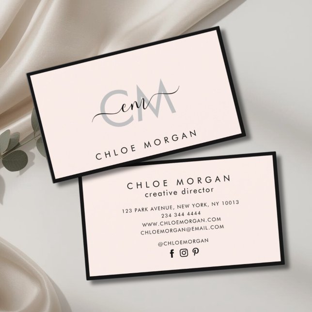 Modern black light pink script signature monogram business card (Creator Uploaded)