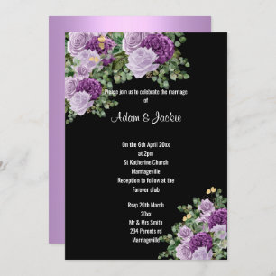 Modern Black Lilac Purple floral ELEGANT WEDDING Invitation