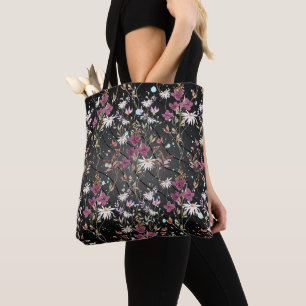 Modern Black Lines Elegant Wildflowers Tote Bag