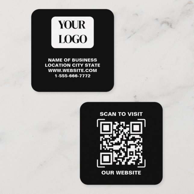 Modern Black Logo QR Code Scan Website Square  Business Card (Front/Back)