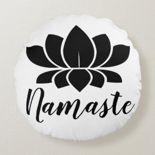 Modern Black Lotus Flower Namaste Yoga Round Cushion