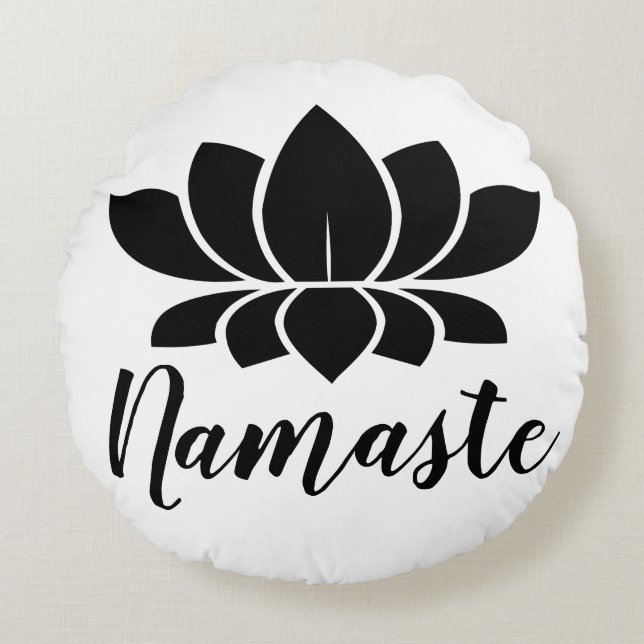 Modern Black Lotus Flower Namaste Yoga Round Cushion (Front)