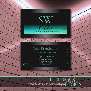 Modern Black Luminous Teal Pattern Monogram Dark Business Card
