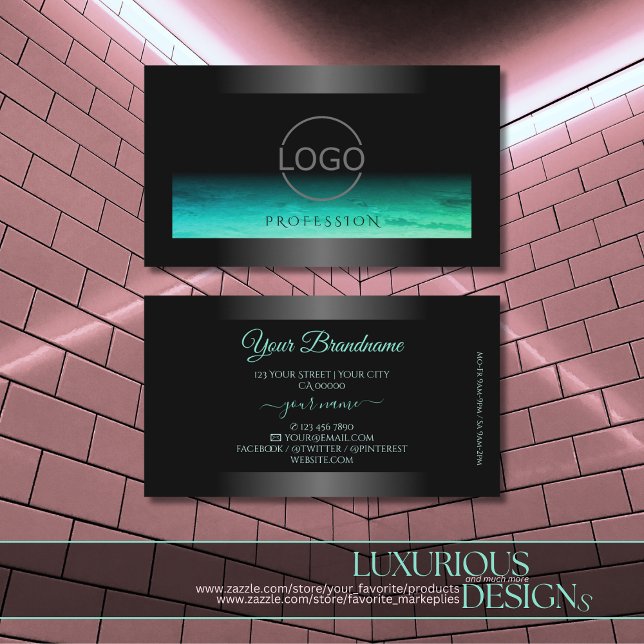 Modern Black Luminous Teal Patterned and Logo Business Card (Creator Uploaded)