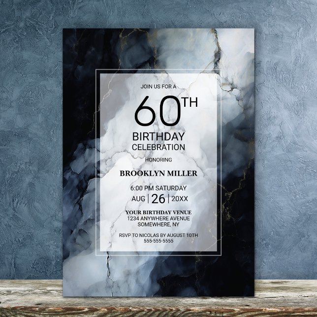 Modern Black Marble 60th Birthday Party Invitation (Creator Uploaded)