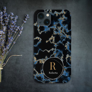 Modern black marble Custom Name Monogram iPhone 13 Case