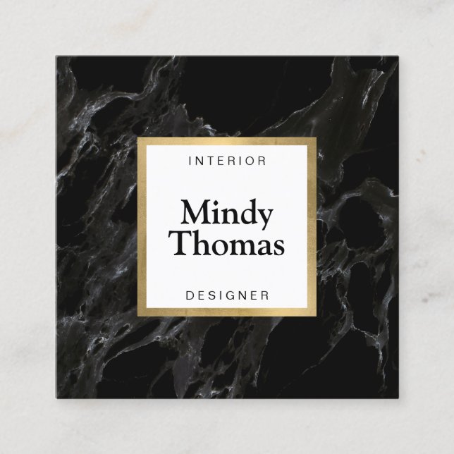 Modern Black Marble Faux Gold Frame Square Business Card (Front)