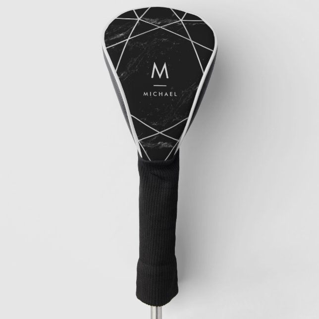 Modern Black Marble Look | Silver Geometric Lines Golf Head Cover (Front)