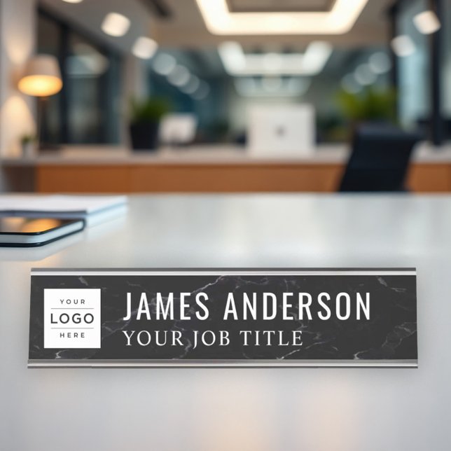 Modern Black Marble Personalised Business Logo Desk Name Plate (Creator Uploaded)