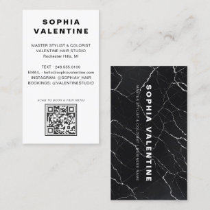 Modern Black Marble QR Code Hair Stylist Business Card